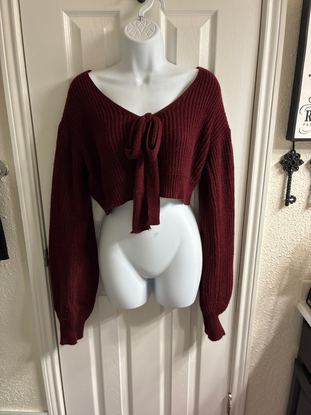 SHEIN Burgundy Off-Shoulder Tie-Front Cropped Sweater